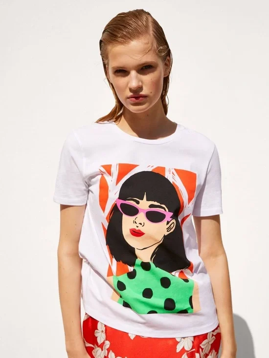 ZARA Graphic White Tee with Colorful Pop Art Girl Size M NWT - Picture 1 of 1
